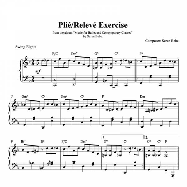 piano sheet music for a plie releve ballet class exercise