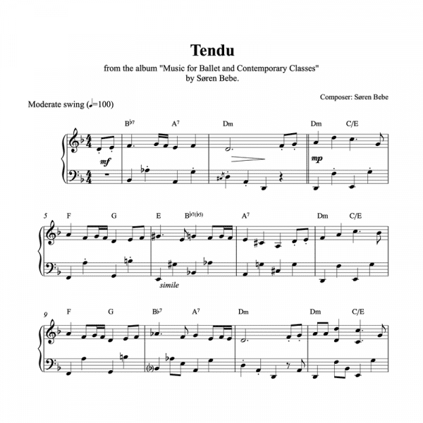 ballet class piano sheet music for a tendu exercise