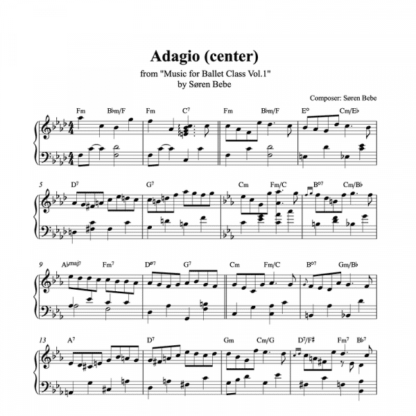 adagio center piano sheet music for ballet class from music for ballet class vol.2 by soren bebe