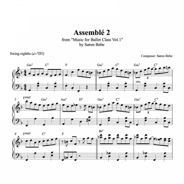 assemble 2 piano sheet music for ballet class from music for ballet class vol.2 by soren bebe