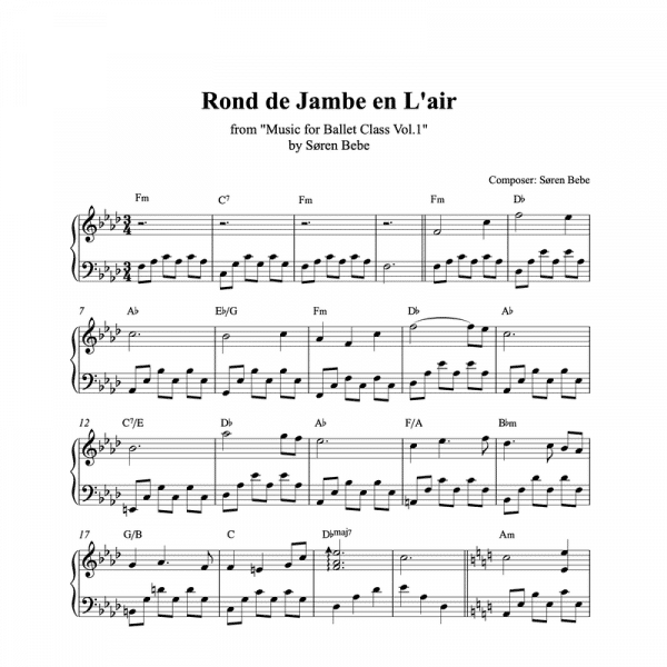 rond de jambe en l'air piano sheet music for ballet class from music for ballet class vol.2 by soren bebe