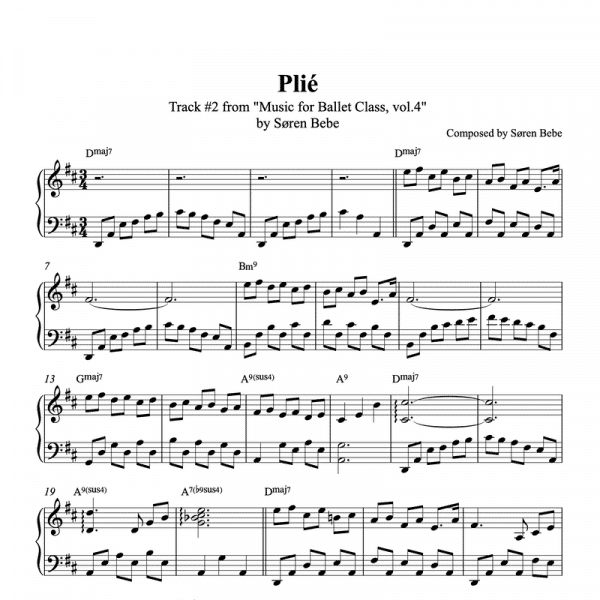 "Plié" - Piano sheet music for ballet class from "Music for Ballet Class, Vol.4" by Søren Bebe (4 pages PDF)