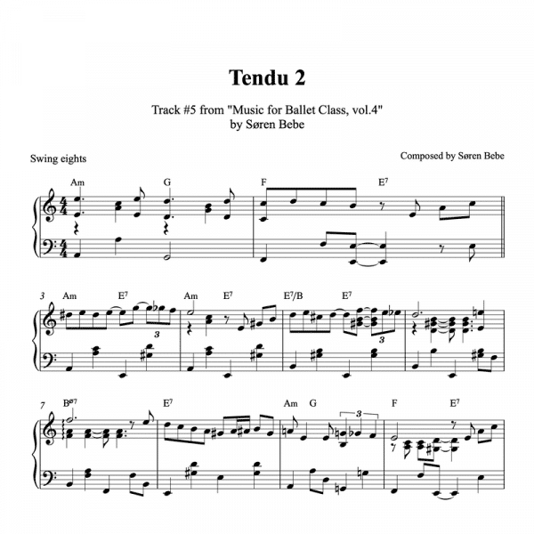 "Tendu 2” – Piano sheet music for ballet class - from "Music for Ballet Class, vol.4" by Søren Bebe (2 pages PDF)