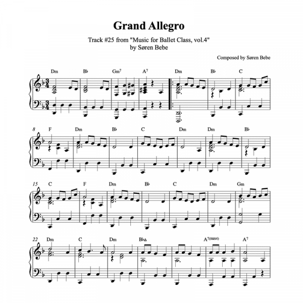 "Grand Allegro" – Piano sheet music for ballet class - from "Music for Ballet Class, vol.4" by Søren Bebe (PDF)