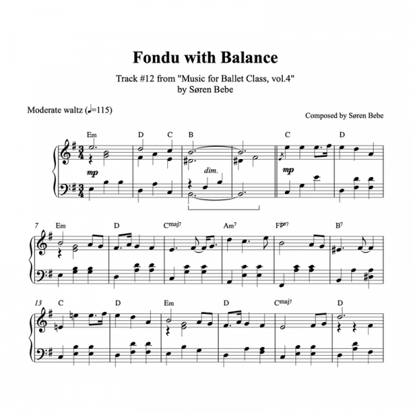 "Fondu with Balance” – Piano sheet music for ballet class - from "Music for Ballet Class, vol.4" by Søren Bebe (PDF)