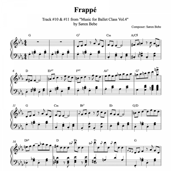 "Frappé” – Piano sheet music for ballet class - from "Music for Ballet Class, vol.4" by Søren Bebe (PDF)