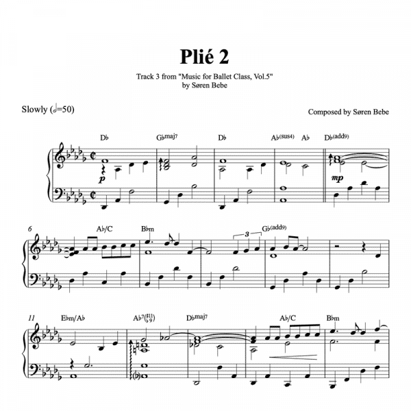 "Plié 2 (4/4)" – Piano sheet music for ballet class - from "Music for Ballet Class, vol.5" by Søren Bebe (PDF)