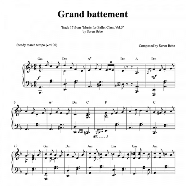 Grand battement – Piano sheet music for ballet class - from "Music for Ballet Class, Vol.5" by Søren Bebe (PDF)