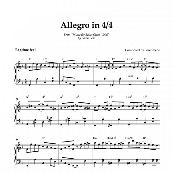 ALLEGRO IN 4/4 | Ballet Class Sheet Music | From "Music for Ballet Class, Vol.6" by Søren Bebe (PDF)