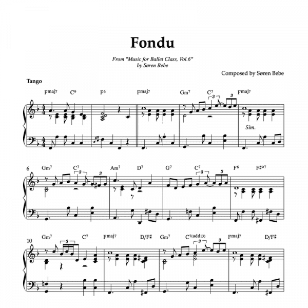 FONDU (TANGO) | Ballet Class Sheet Music | From "Music for Ballet Class, Vol.6" by Søren Bebe (PDF)