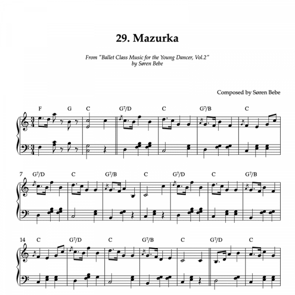 MAZURKA | Piano Sheet Music for Children's Ballet Classes | From "Ballet Class Music for the Young Dancer, Vol.2" by Søren Bebe (PDF)