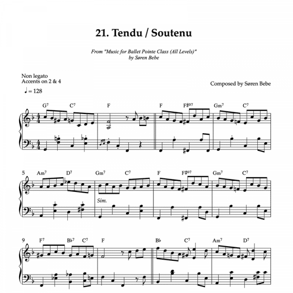 piano sheet music for ballet pointe class tendu/soutenu exercises