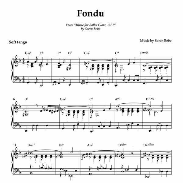 Sheet music for "Fondu (tango)" (PDF) | Track 8 from the album "Music for Ballet Class Vol.7" by Søren Bebe