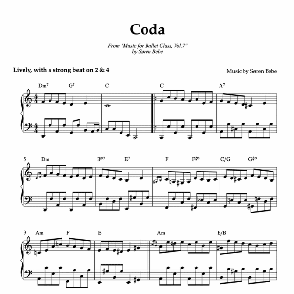 piano sheet music for ballet class coda exercises by soren bebe