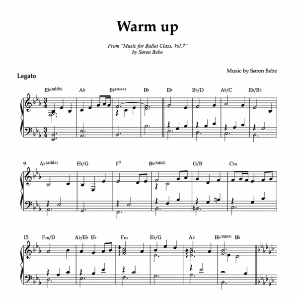 Sheet music for "Warm up" (PDF) | Track 1 from the album "Music for Ballet Class Vol.7" by Søren Bebe